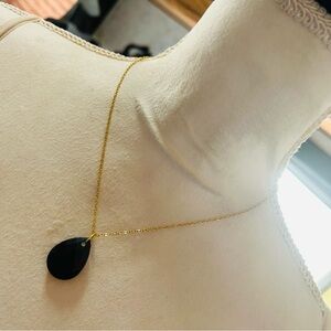 Handcrafted vintage faceted jet black resin raindrop pendant on chain necklace